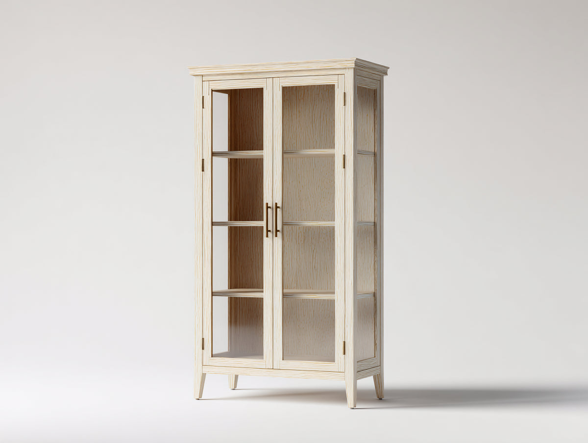 Vitrine Holz und Glas 105x42x185 cm - Cremeweiß-Naturholz - Zweitüriger Vitrinenschrank mit Glasfronten