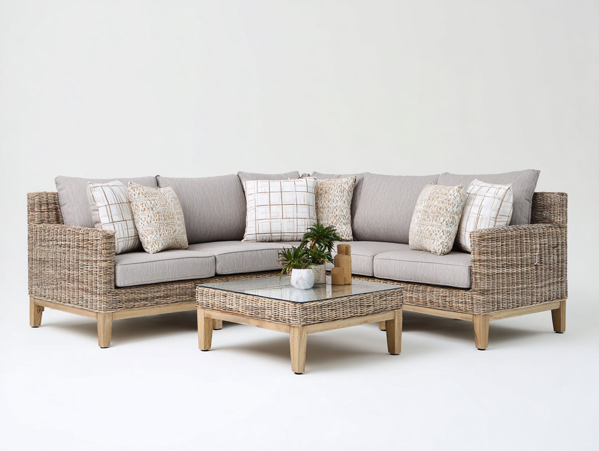 Gartensofa Polyrattan 235x235x84 cm - Naturbraun-Hellgrau - Großes Ecksofa mit quadratischem Glastisch