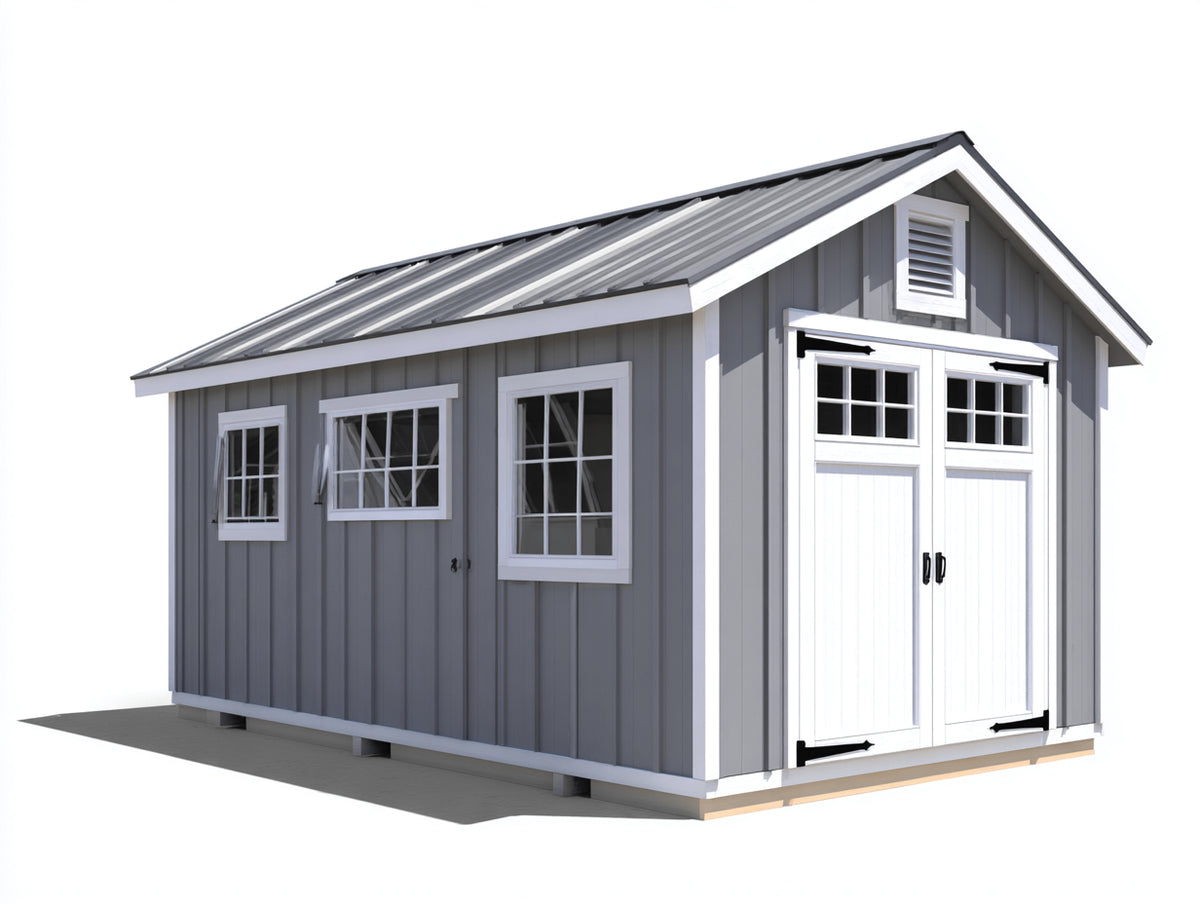 Gartenhäuser Holz Gartenhaus 300 x 400 cm Grau Weiß mit Doppeltür und Fenstern Modernes Design