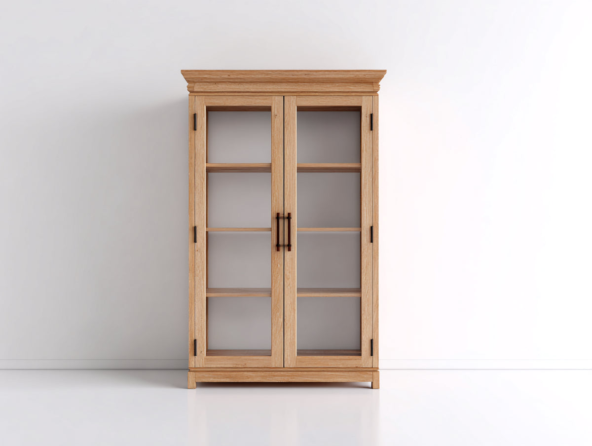Vitrine Holz und Glas 105x42x185 cm - Naturholz - Zweitüriger Vitrinenschrank mit Glasfronten und 4 Ablageebenen