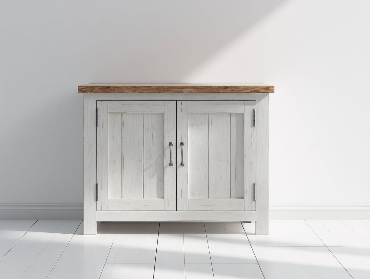 Sideboards Holz 110x45x90 cm - Weiß-Naturholz - Kompaktes Sideboard mit 2 Türen im Landhausstil