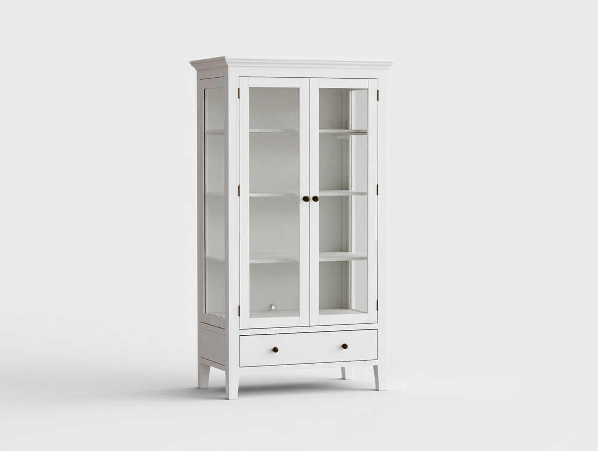 Vitrine Holz 100x40x180 cm - Weiß - modernes Design mit Glasfront und Schublade für Wohnzimmer